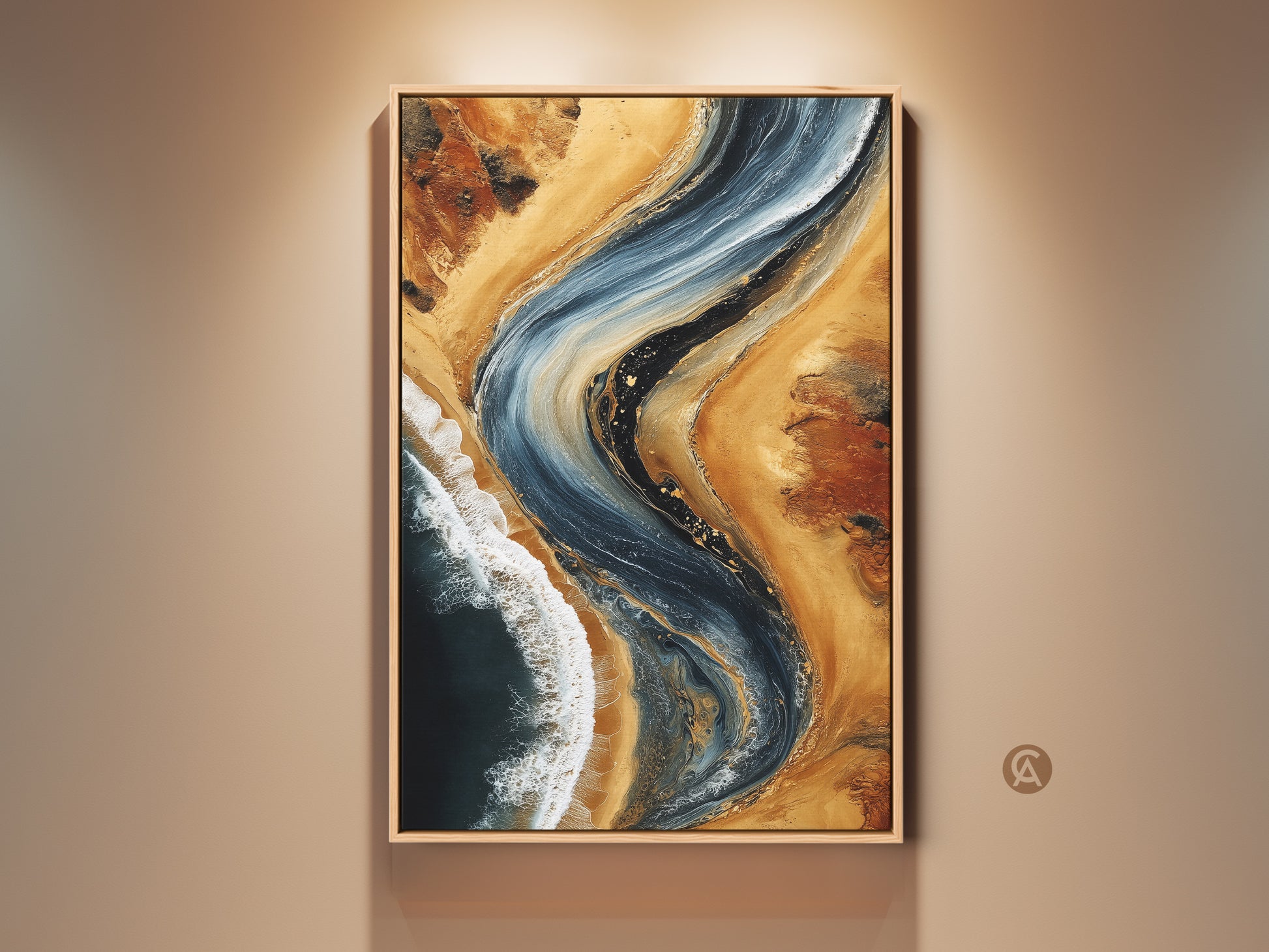 Framed Deep Blue and Sandy Beige Abstract Art. Ocean wave fluid print with gold accents adorns a wall. Coastal landscape artwork in a contemporary style. A sophisticated focal point for bedroom living room or office wall art decor.