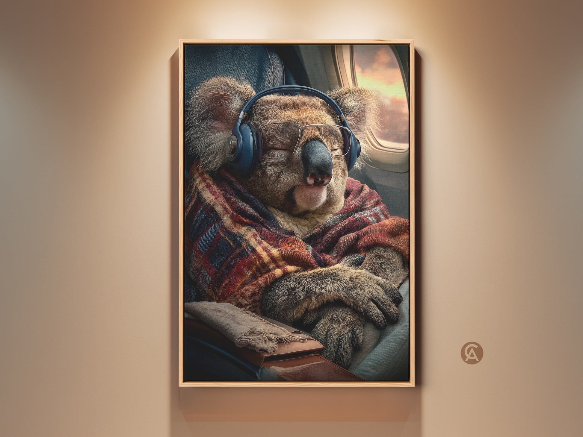 A cozy koala enjoys an airplane ride in this art print. Wearing headphones and wrapped in a warm blanket this funny animal art adds charm to any room. Perfect quirky wall decor for travel lovers seeking a unique home accent. Elevate your space with this heartwarming scene today