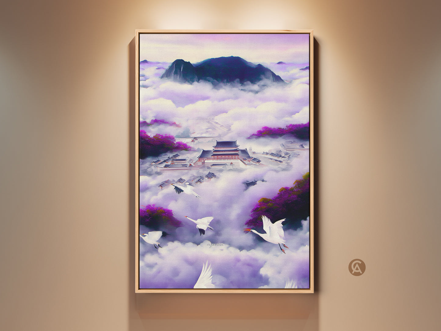 Japanese Palace canvas art print. This Ukiyo-e art features elegant cranes in a violet indigo fantasy landscape. It is ideal Zen mindfulness wall decor. It adds an eclectic touch to any home. Consider this oriental fantasy art piece as a unique gift.