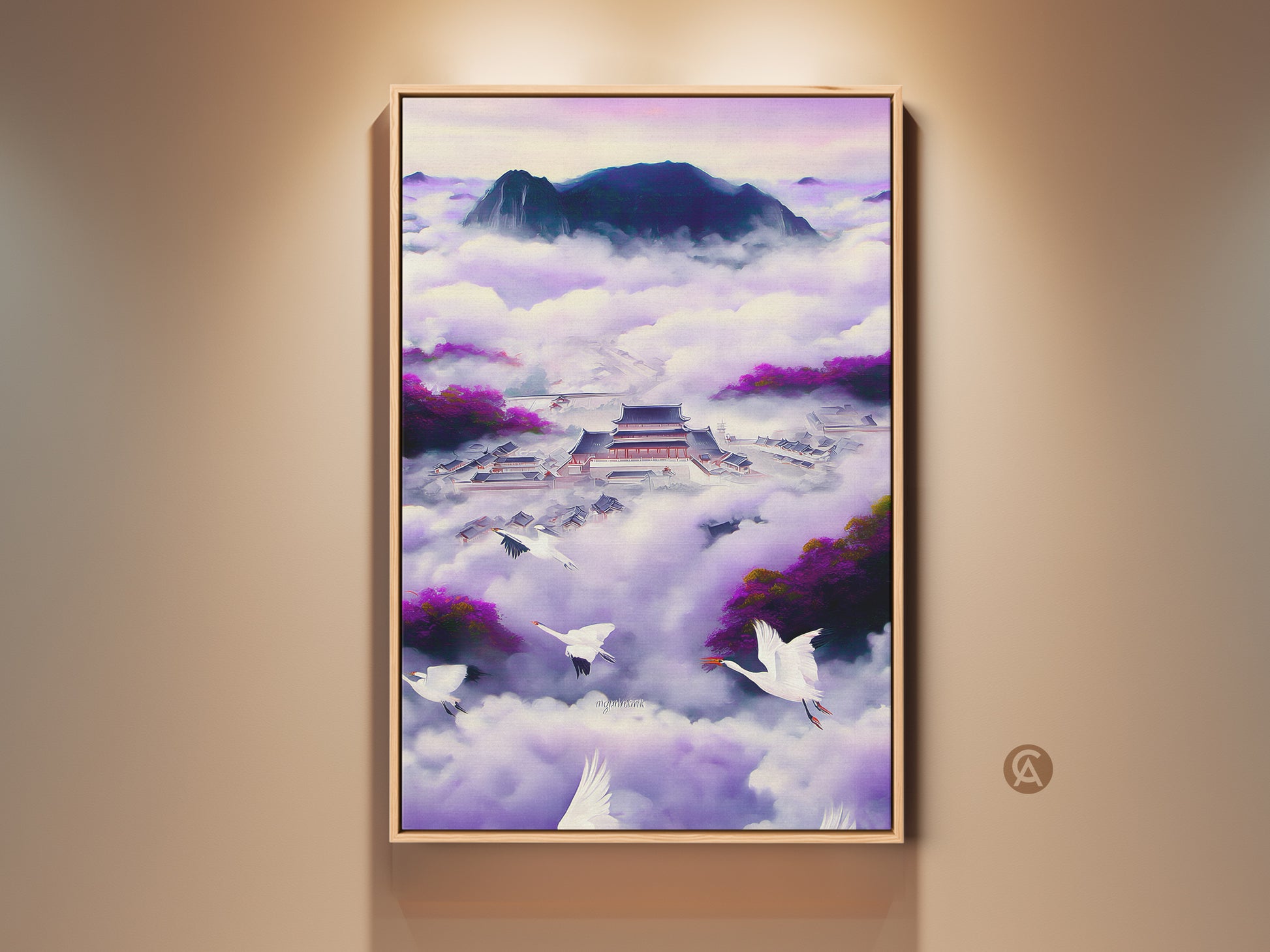 Japanese Palace canvas art print. This Ukiyo-e art features elegant cranes in a violet indigo fantasy landscape. It is ideal Zen mindfulness wall decor. It adds an eclectic touch to any home. Consider this oriental fantasy art piece as a unique gift.