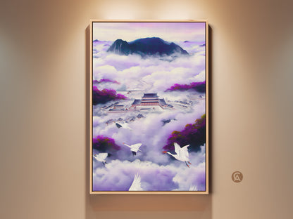 Japanese Palace canvas art print. This Ukiyo-e art features elegant cranes in a violet indigo fantasy landscape. It is ideal Zen mindfulness wall decor. It adds an eclectic touch to any home. Consider this oriental fantasy art piece as a unique gift.