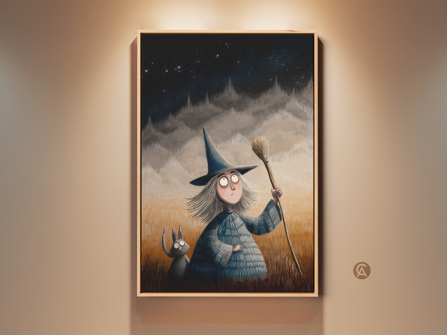 Framed whimsical witch and cat art print for kids room wall decor. Fantasy artwork under a starry night sky gives a cute Halloween illustration. A perfect gift for children. This art adds magic to eclectic home styles.