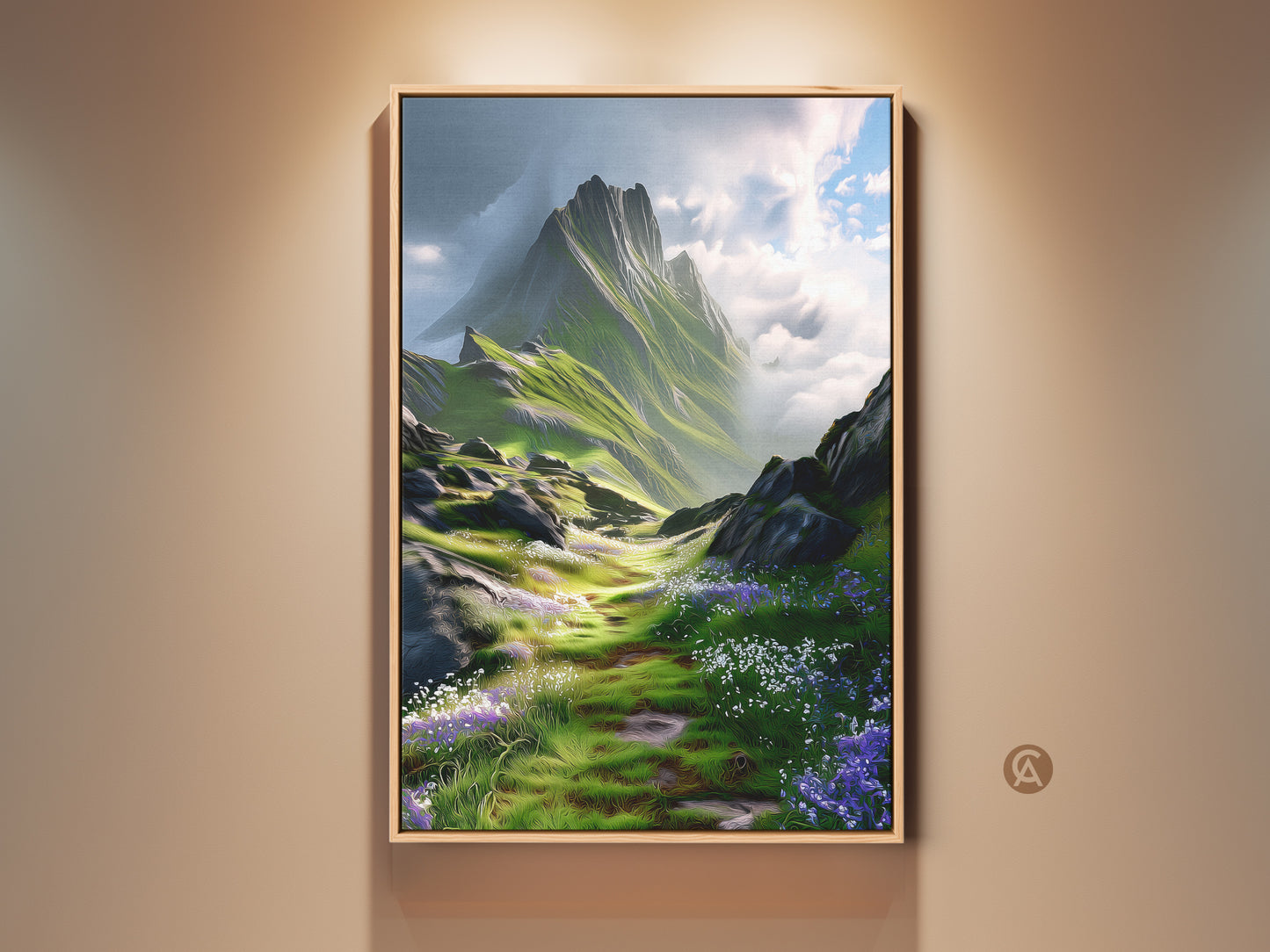 Framed green and blue mountain landscape art print. Impressionistic wildflower scenery canvas. This nature artwork brings the outdoors into home decor. The perfect housewarming gift.