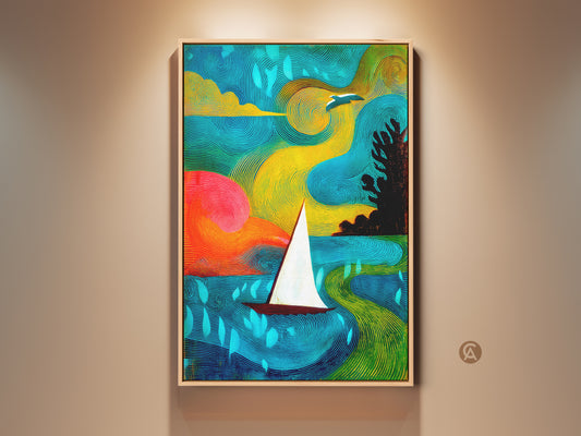 Vibrant teal yellow green abstract art. A sailboat floats on the water under a flying bird. This bohemian coastal wall decor is a unique gift for travelers. Enhance your space with this seascape canvas.