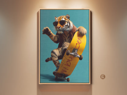 Urban Tiger Skater Canvas Art is displayed in a frame. It is a surreal wildlife wall decor. See a cool tiger on a yellow skateboard. This pop culture artwork gift adds flair to any teen room.