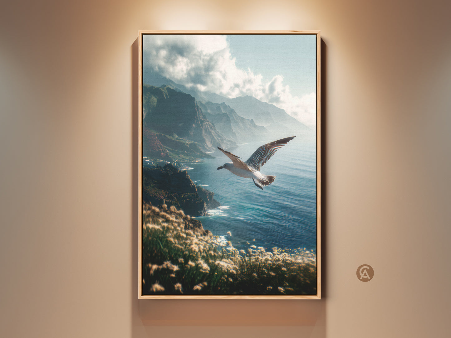 Framed Seascape Canvas Art Print. A seagull soars over ocean cliffs in this photorealistic artwork. The deep blues and teals create a tranquil coastal view. Perfect nautical theme artwork for a beach house or as a housewarming gift for nature lovers.