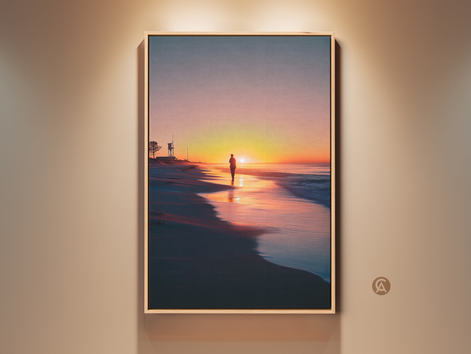 Framed beach sunset wall art adds coastal charm. Lifeguard tower canvas and solitary walker landscape is serene. Orange yellow pink hues enhance home decor. This artwork brings a touch of calm to any room. A great gift idea for her beach themed art.