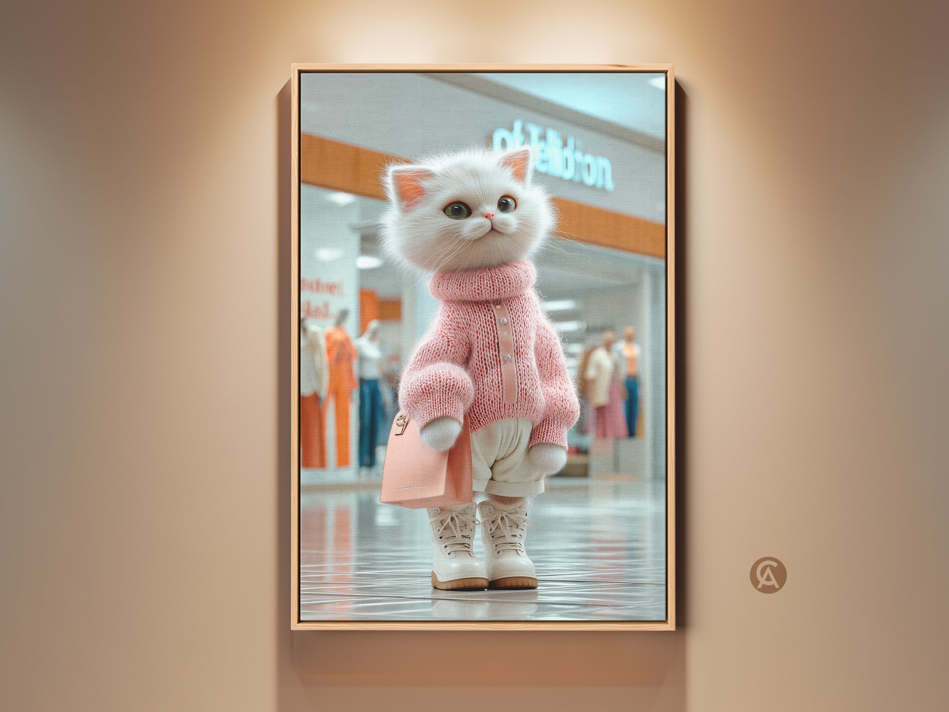 Framed art of a fluffy white cat dressed in a pink sweater at the mall. This cute cat art is modern and stylish. Buy this framed cat art for your home or office. It adds charm to any space.
