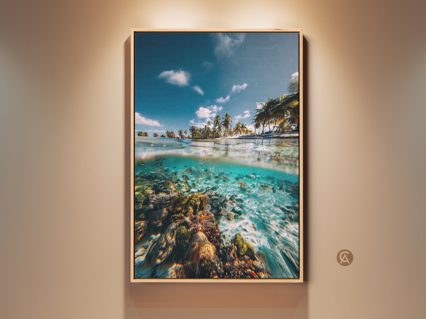 Framed ocean split view wall art featuring a tropical beach and underwater coral reef. This coastal artwork combines deep blue and aqua tones. A perfect tropical gift idea.