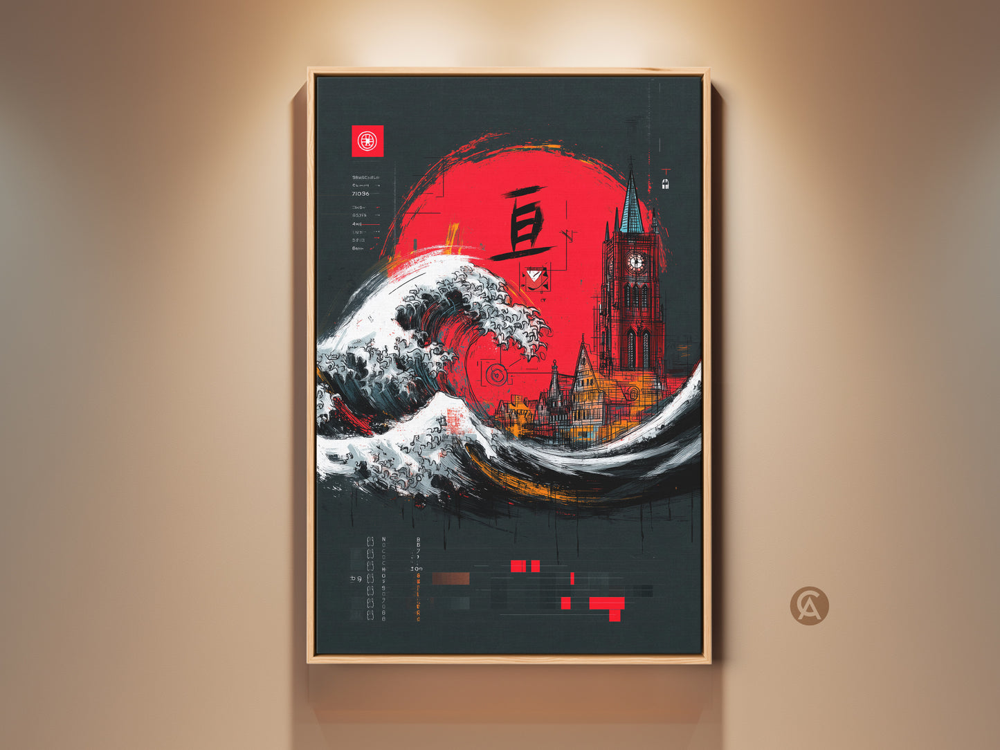 Crimson Red Ukiyo-e Wave art featuring a Gothic Tower cityscape. This Japanese-inspired artwork blends a vibrant red sun and ocean waves. An eclectic piece perfect as a travel-themed or housewarming gift. The canvas art adds a dramatic flair to any home or office space. A unique blend of Japanese and Gothic styles.