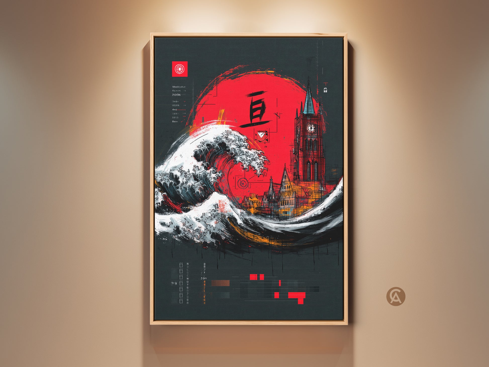 Crimson Red Ukiyo-e Wave art featuring a Gothic Tower cityscape. This Japanese-inspired artwork blends a vibrant red sun and ocean waves. An eclectic piece perfect as a travel-themed or housewarming gift. The canvas art adds a dramatic flair to any home or office space. A unique blend of Japanese and Gothic styles.