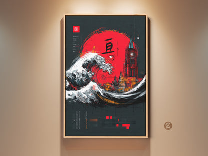 Crimson Red Ukiyo-e Wave art featuring a Gothic Tower cityscape. This Japanese-inspired artwork blends a vibrant red sun and ocean waves. An eclectic piece perfect as a travel-themed or housewarming gift. The canvas art adds a dramatic flair to any home or office space. A unique blend of Japanese and Gothic styles.