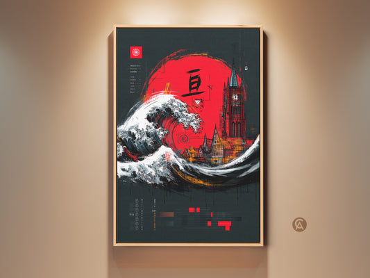 Crimson Red Ukiyo-e Wave art featuring a Gothic Tower cityscape. This Japanese-inspired artwork blends a vibrant red sun and ocean waves. An eclectic piece perfect as a travel-themed or housewarming gift. The canvas art adds a dramatic flair to any home or office space. A unique blend of Japanese and Gothic styles.