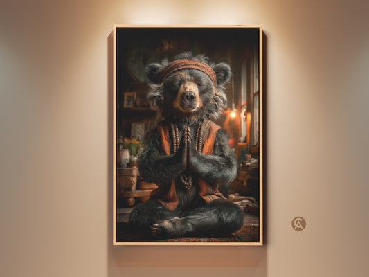 Boho Bear Canvas Print on display. The artwork features spiritual meditation art. It's orange and dark brown yoga wall decor. This canvas print is a thoughtful gift for yogis. It adds a zen and mindful touch to any room.