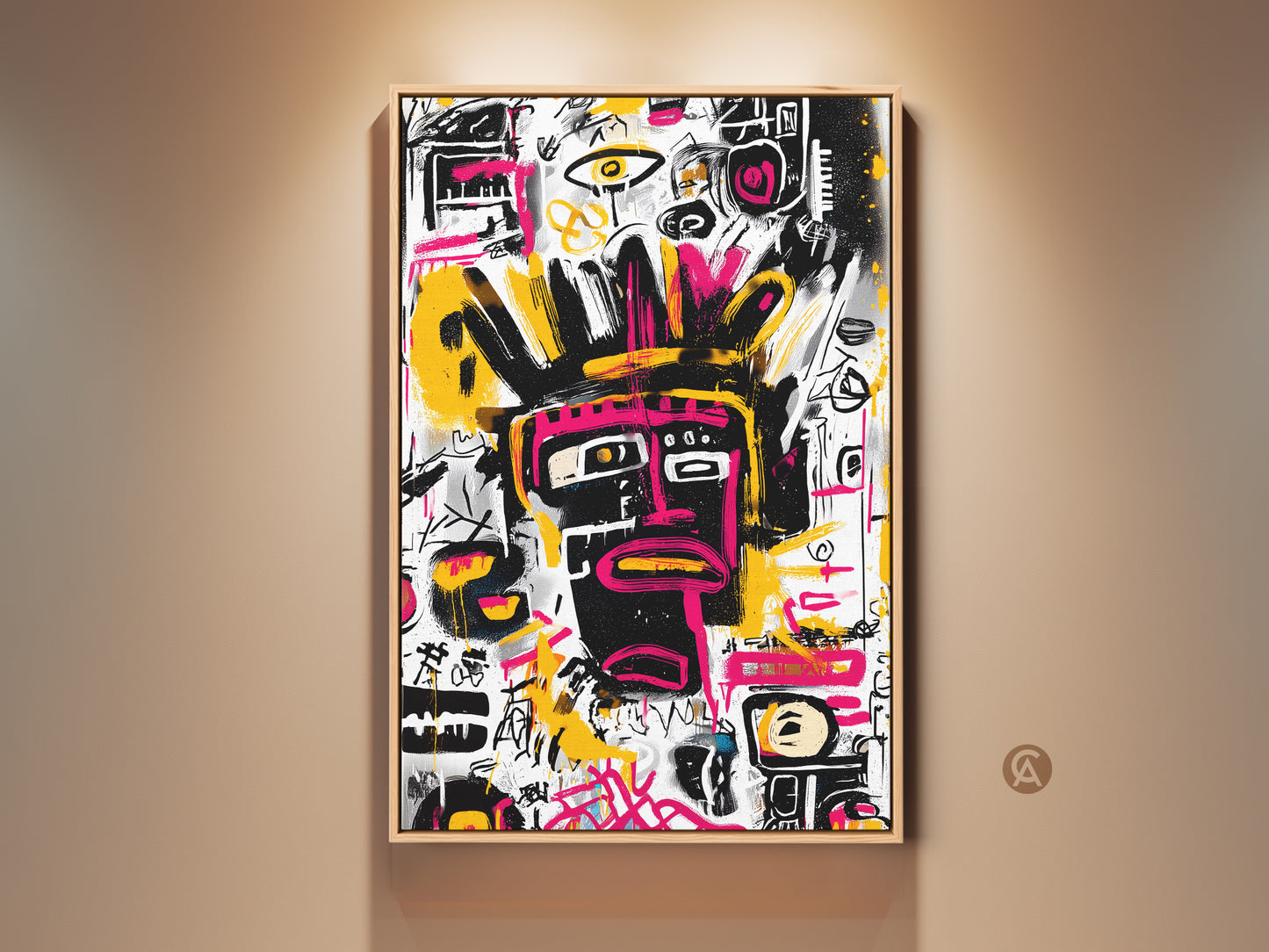 Framed abstract face art print. This artwork features a bold black face with pink accents. The art is set against a white background with yellow and pink highlights. A light wood frame complements this modern wall decor.