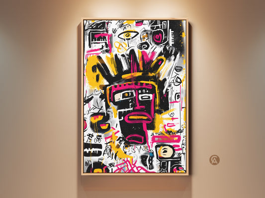 Framed abstract face art print. This artwork features a bold black face with pink accents. The art is set against a white background with yellow and pink highlights. A light wood frame complements this modern wall decor.