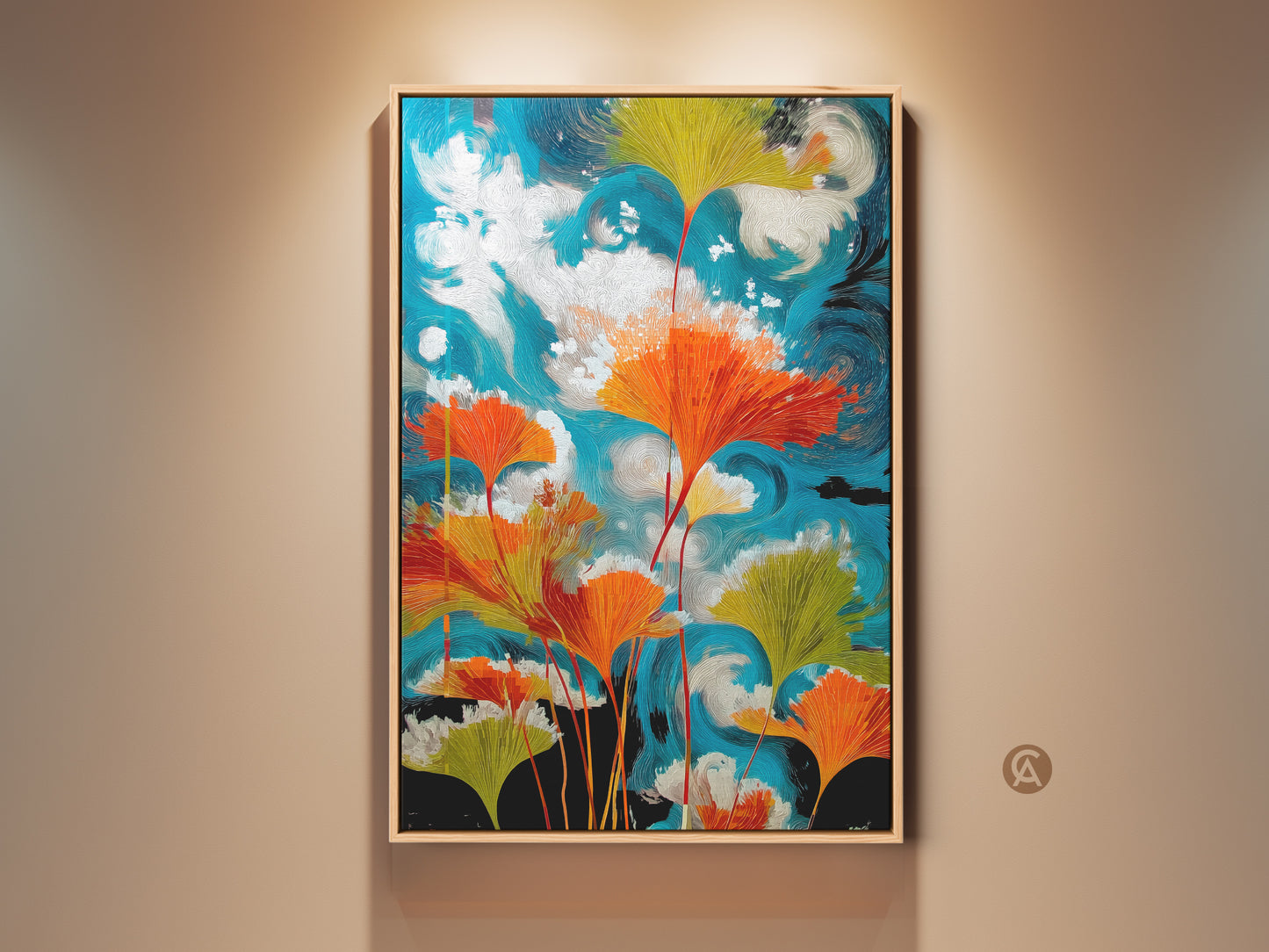 Botanical abstract canvas print features a modern ginkgo leaves artwork against a swirling sky. Teal orange and white hues create a vibrant nature art. Eclectic wall decor adds a sophisticated touch to home offices or bedrooms. A perfect housewarming gift for plant lovers seeking colorful wall art.