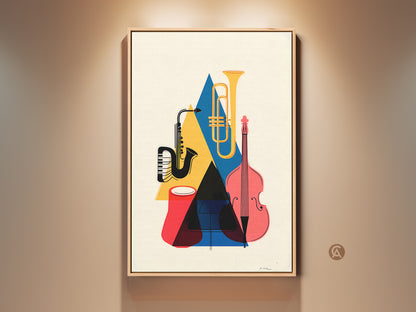 Mid-Century Modern music art displayed in a living room. This canvas artwork features abstract geometric shapes. The colors are yellow blue and red. It includes a saxophone tuba and double bass. This musical instrument art print offers a retro vibe. It is perfect for music lovers or musicians. A unique wall decor choice for modern and retro interiors.