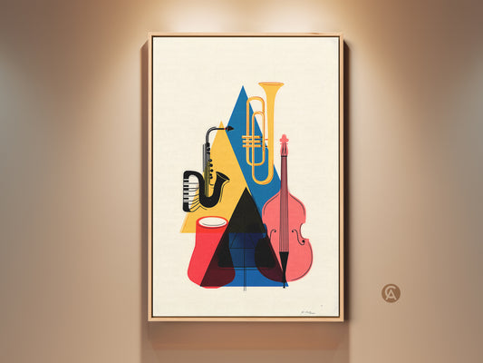 Mid-Century Modern music art displayed in a living room. This canvas artwork features abstract geometric shapes. The colors are yellow blue and red. It includes a saxophone tuba and double bass. This musical instrument art print offers a retro vibe. It is perfect for music lovers or musicians. A unique wall decor choice for modern and retro interiors.