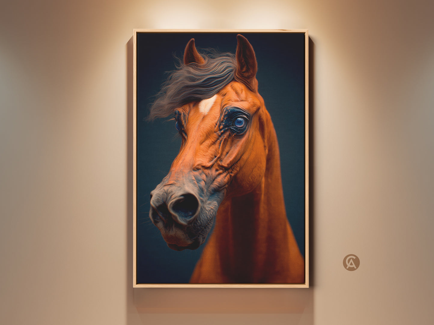 This realistic horse art is showcased in a natural wood frame. The brown and orange hues are captivating. It is perfect for equestrian home decor. The deep blue eyes add a contemporary touch. This equine portrait brings natural beauty to any living space.