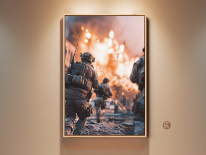 A framed canvas print displays military action art. Soldiers advance through an explosion. This man cave decor features a gritty cinematic style. The artwork is perfect as a veteran's day gift military enthusiast seeking powerful wall decor.