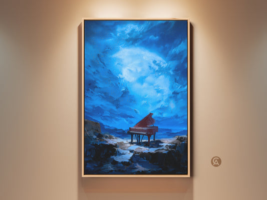 A grand piano sits in a surreal landscape. The sky is a dramatic mix of midnight blue and crimson red. This canvas print blends music nature and fantasy. It is a unique gift for musicians and lovers of unique art. This eclectic wall hanging brings an artistic touch to any home decor.