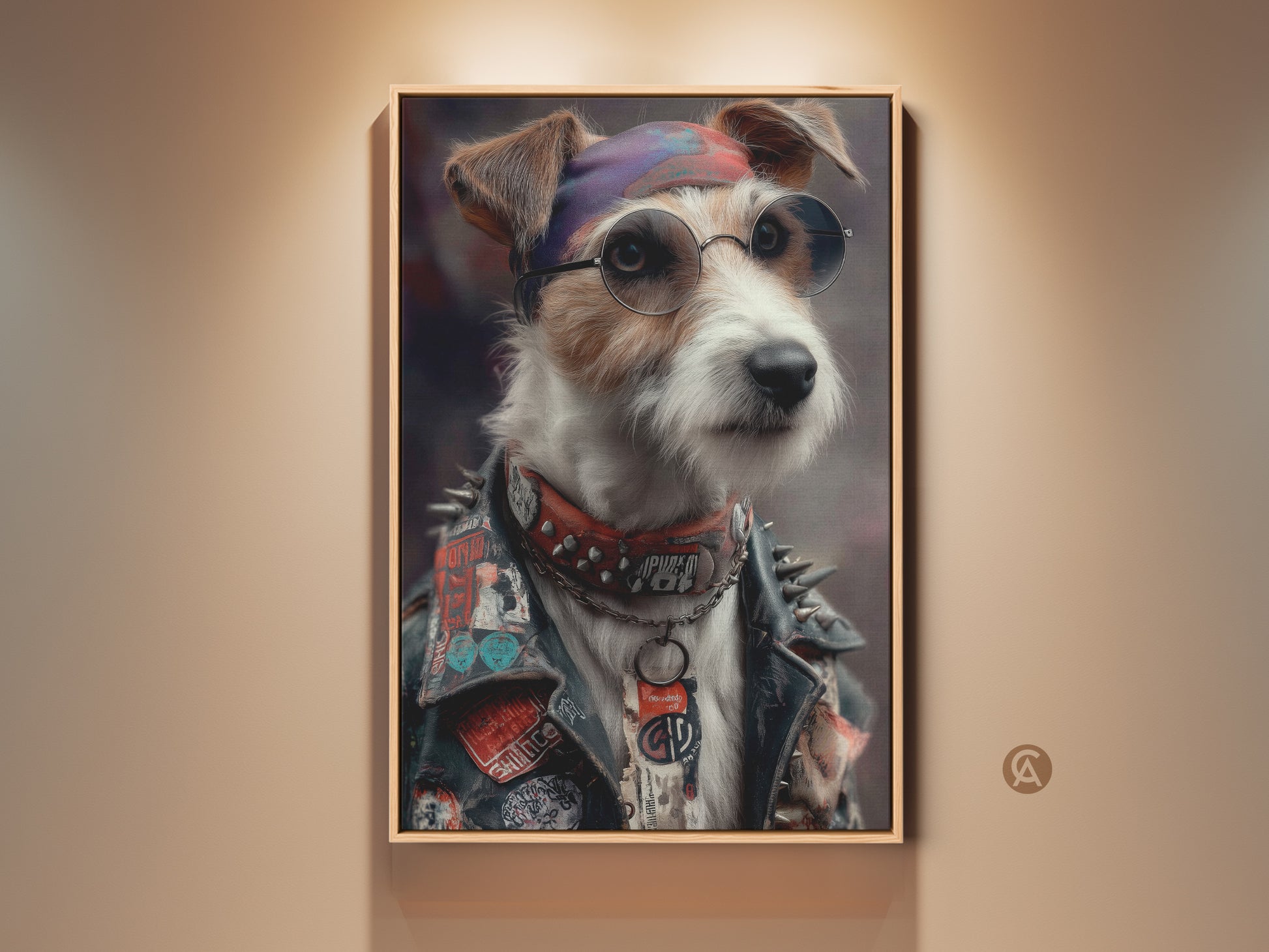 Framed Cool Dog Artwork Print. It features a Punk Jack Russell Terrier Portrait with a Neo-Victorian vibe. This edgy animal art makes a bold statement in any room. The vibrant black and red colors add rebellious charm to eclectic home decor or a man cave.
