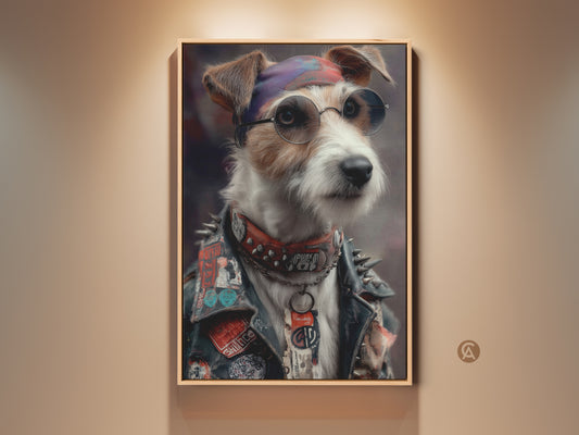 Framed Cool Dog Artwork Print. It features a Punk Jack Russell Terrier Portrait with a Neo-Victorian vibe. This edgy animal art makes a bold statement in any room. The vibrant black and red colors add rebellious charm to eclectic home decor or a man cave.