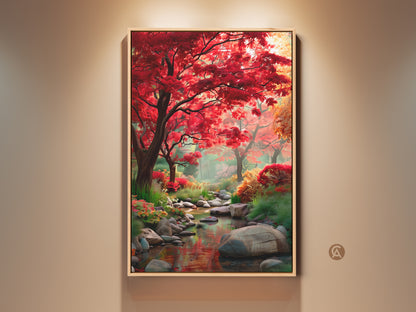 Gallery artwork featuring a serene forest scene. Red foliage trees line a gentle stream with rocks. This framed canvas art brings nature's beauty indoors. Perfect wall art for nature lovers. Enhance your home decor with this vibrant landscape painting.