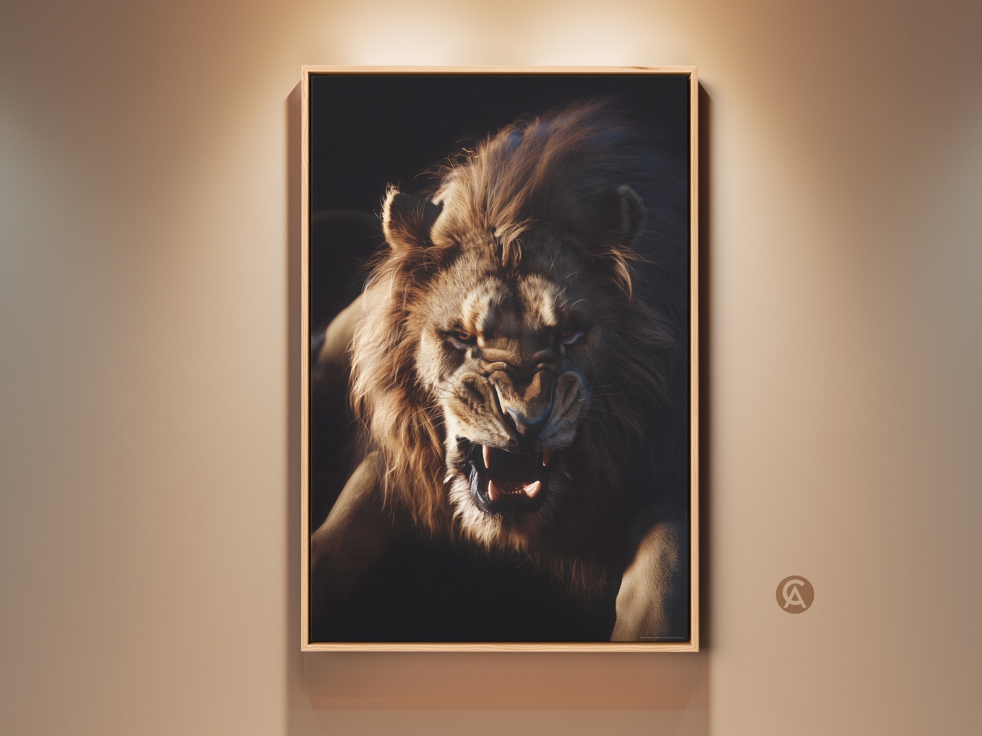 Lion Face Wall Art in a modern setting. This Golden Brown Amber Canvas Print captures the raw beauty of wildlife. The fierce animal poster is perfect bedroom decor. A great gift for lion lovers. The dark background enhances the intense gaze of the lion.