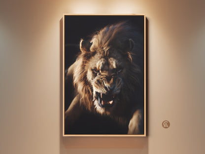 Lion Face Wall Art in a modern setting. This Golden Brown Amber Canvas Print captures the raw beauty of wildlife. The fierce animal poster is perfect bedroom decor. A great gift for lion lovers. The dark background enhances the intense gaze of the lion.