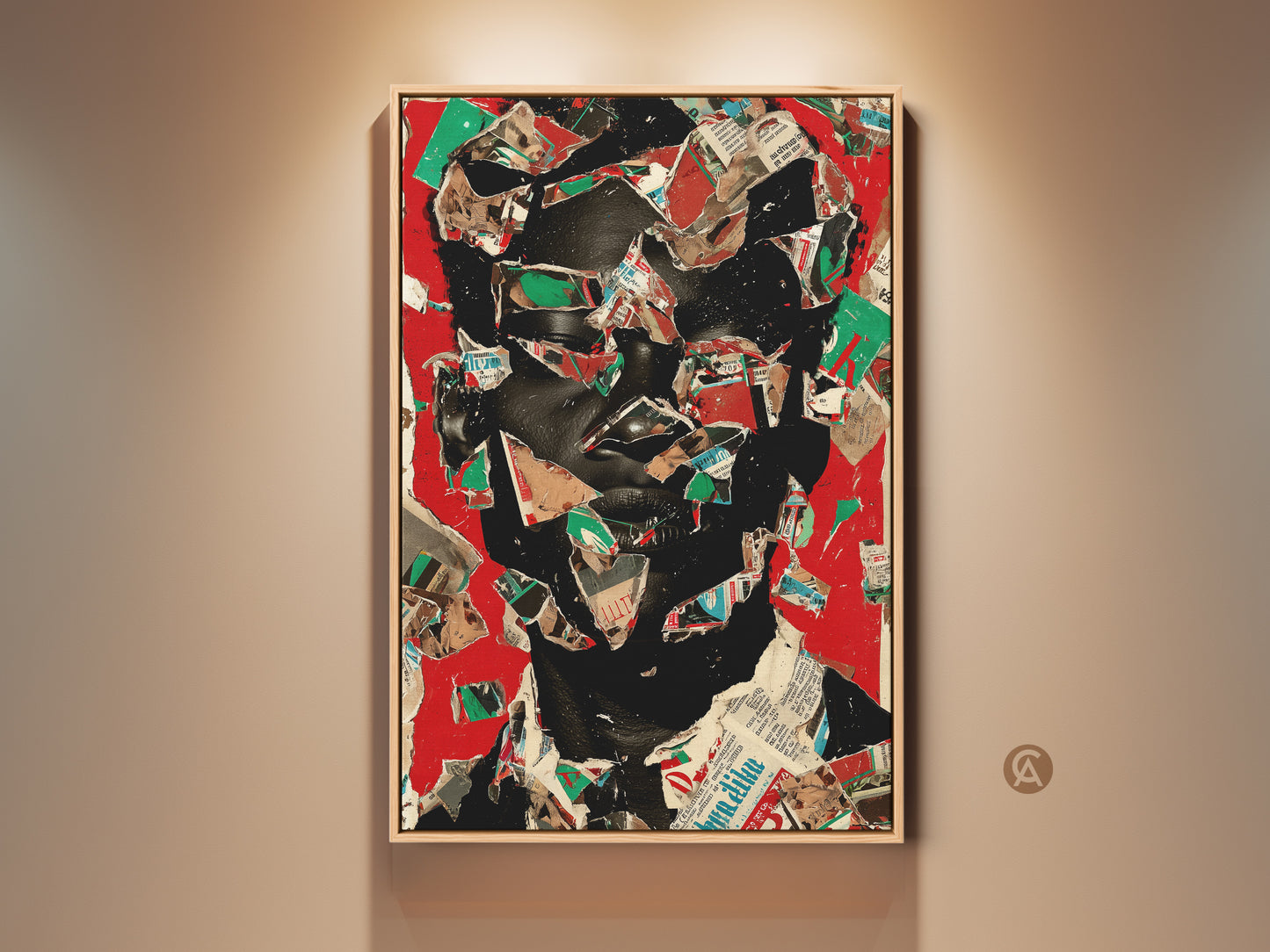 Framed contemporary portrait art in red and black tones. Abstract face collage canvas print adds an eclectic touch to office wall decor. Mixed media artwork with newspaper texture is a unique statement piece for art collectors.