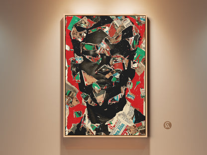 Framed contemporary portrait art in red and black tones. Abstract face collage canvas print adds an eclectic touch to office wall decor. Mixed media artwork with newspaper texture is a unique statement piece for art collectors.