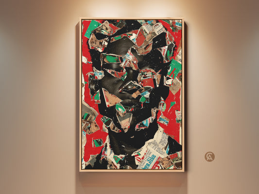 Framed contemporary portrait art in red and black tones. Abstract face collage canvas print adds an eclectic touch to office wall decor. Mixed media artwork with newspaper texture is a unique statement piece for art collectors.