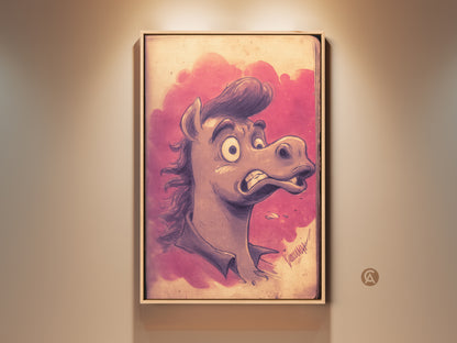 Framed cartoon horse wall art adds humor to any room. The pink and purple art print makes a unique eclectic office decor piece. This funny animal artwork is a great gift for horse lovers. It's a perfect birthday gift for her or him.
