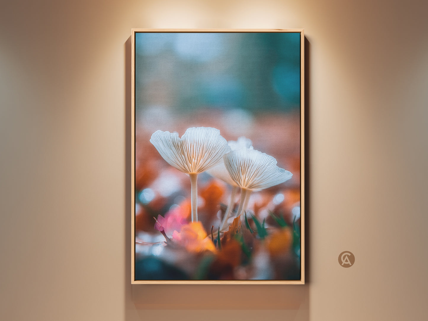 Framed mushroom art print. This wall art features white mushrooms among fall leaves. The floating frame is a light oak color. It's a fine art print for nature lovers. Ready to hang to bring nature indoors.
