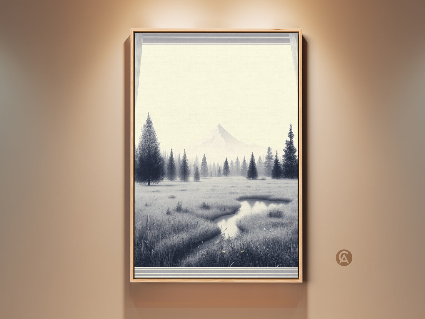 Monochrome pine tree wall art featuring a minimalist mountain landscape. This Scandinavian nature scene canvas adds a serene touch to any bedroom. See the black and white landscape print bringing nature indoors. A housewarming gift for modern minimalist wall art.