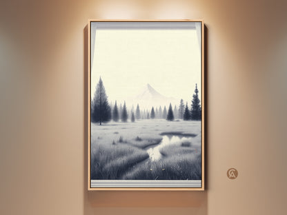 Monochrome pine tree wall art featuring a minimalist mountain landscape. This Scandinavian nature scene canvas adds a serene touch to any bedroom. See the black and white landscape print bringing nature indoors. A housewarming gift for modern minimalist wall art.