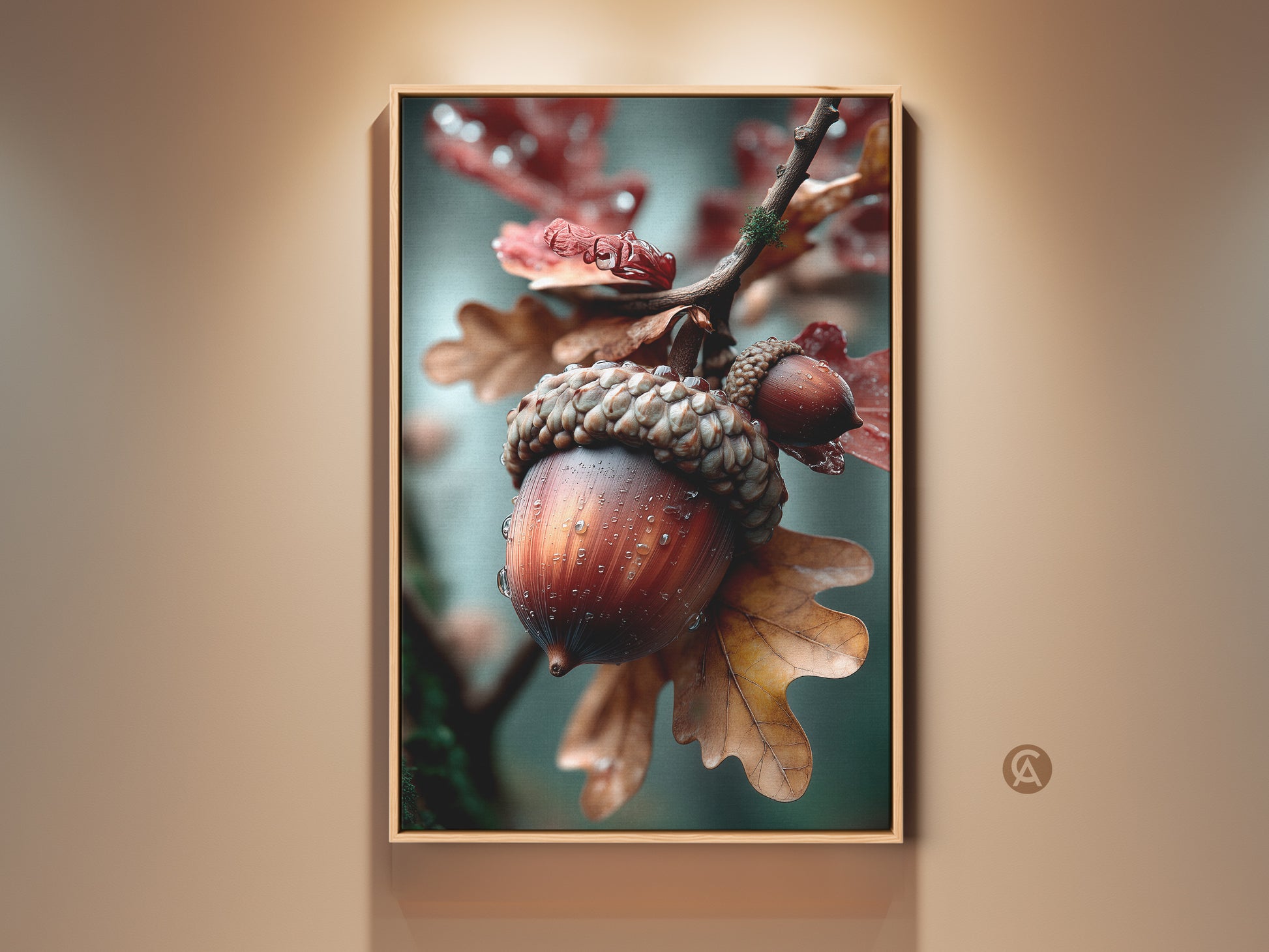 Framed acorn art adds a touch of nature to any wall. The close-up shot showcases the intricate details of the acorn. The high-quality print captures the rich colors and textures. This framed artwork is a beautiful and timeless piece.