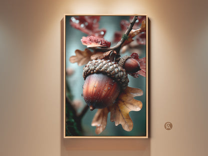 Framed acorn art adds a touch of nature to any wall. The close-up shot showcases the intricate details of the acorn. The high-quality print captures the rich colors and textures. This framed artwork is a beautiful and timeless piece.