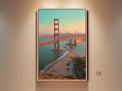 Framed San Francisco Golden Gate Bridge art print. Orange yellow teal landscape photography on canvas. Contemporary cityscape wall art for travel enthusiasts. Perfect housewarming gift.