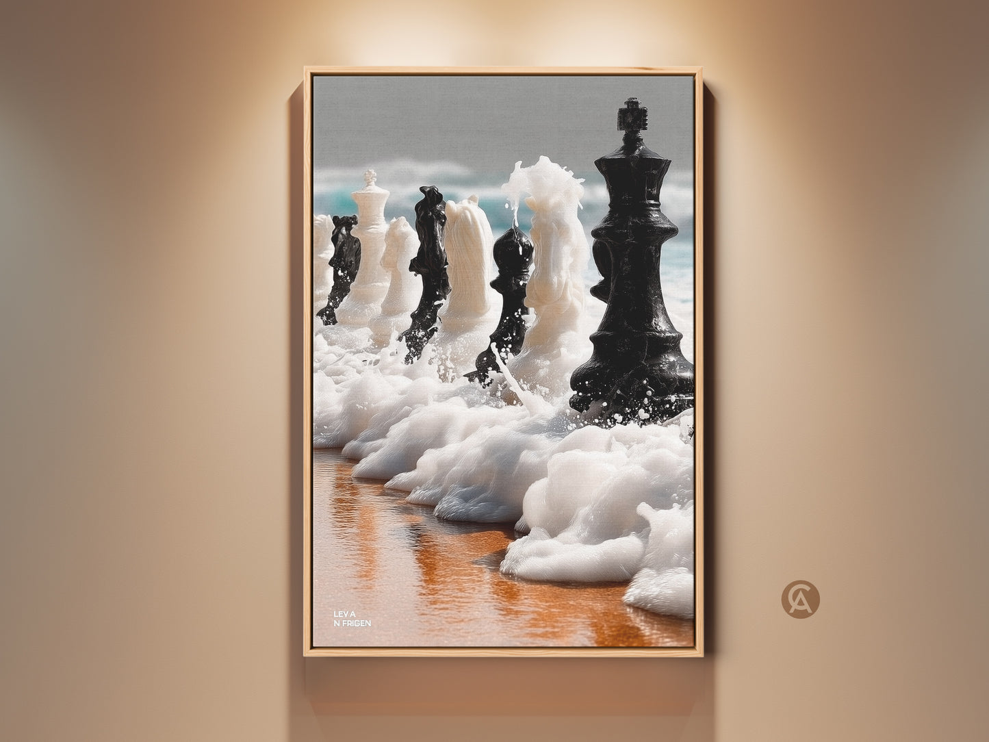 Abstract chess canvas print displayed in a room setting. See the surreal ocean waves art piece. This black and white artwork is perfect for office decor. A unique gift for chess enthusiasts. The contemporary art is a sophisticated wall hanging.