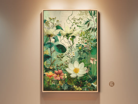 Botanical garden art print in a wood frame. This floral wall art features white lotus flowers and lush green foliage. A vintage botanical illustration style artwork. Perfect for adding a touch of nature to your home decor. Shop framed botanical art prints today