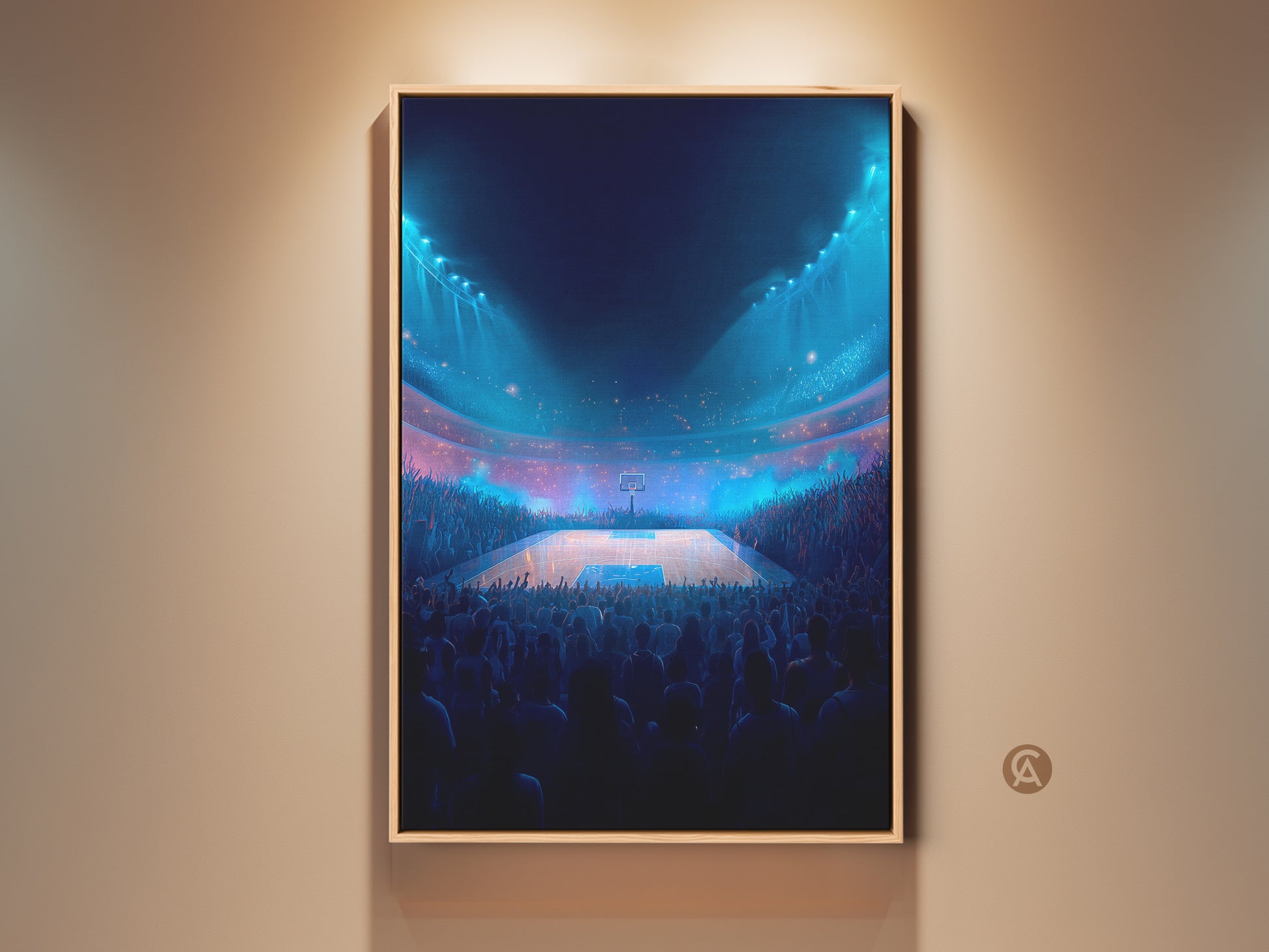 Framed basketball arena artwork. The digital artwork shows a packed stadium. Spotlights illuminate the basketball court. This vibrant art print is perfect for sports enthusiasts. It adds excitement to any room. Get yours today