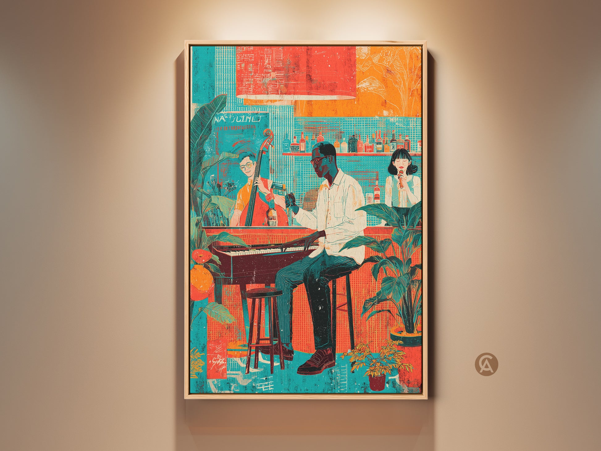 Framed eclectic jazz band art print in a living room setting. This retro art deco artwork features a pianist singer and bassist in teal red and orange tones. Perfect music lover housewarming gift.