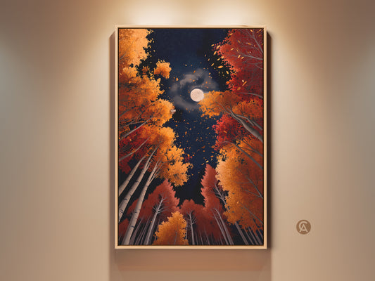 Explore the beauty of 'Autumn Moon' artwork. The art shows vibrant fall trees reaching for a full moon. This framed artwork adds a touch of nature and serenity to any room. Perfect wall decor for art lovers. Shop now for captivating nature art.