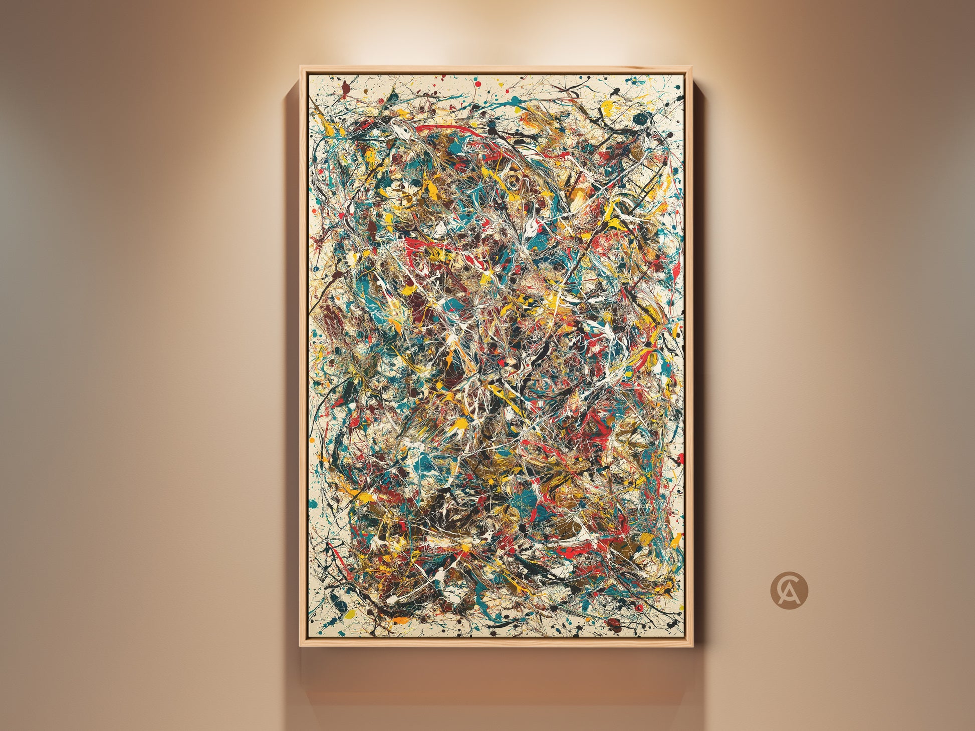 Framed abstract expressionism artwork. This vibrant painting features dynamic splatters and drips of color. The artwork is displayed in a natural wood frame. Perfect wall art to add a modern touch.