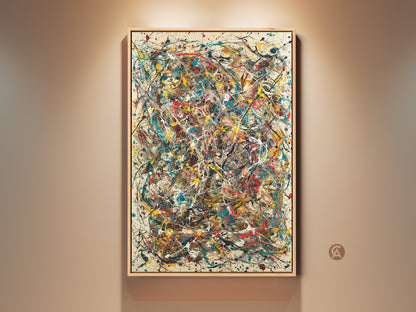 Framed abstract expressionism artwork. This vibrant painting features dynamic splatters and drips of color. The artwork is displayed in a natural wood frame. Perfect wall art to add a modern touch.