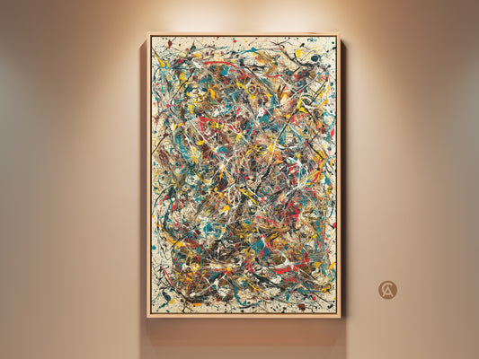 Framed abstract expressionism artwork. This vibrant painting features dynamic splatters and drips of color. The artwork is displayed in a natural wood frame. Perfect wall art to add a modern touch.