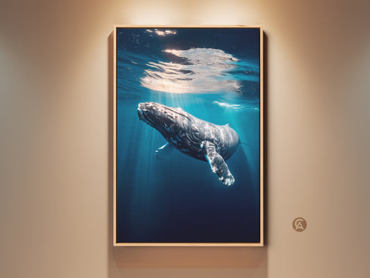 Framed ocean wildlife wall art featuring a humpback whale. This canvas print shows a realistic underwater scene. The deep blue and teal colors create a coastal decor piece. Sunlight rays add depth to the marine life gift. This nautical home decor features a majestic whale painting.